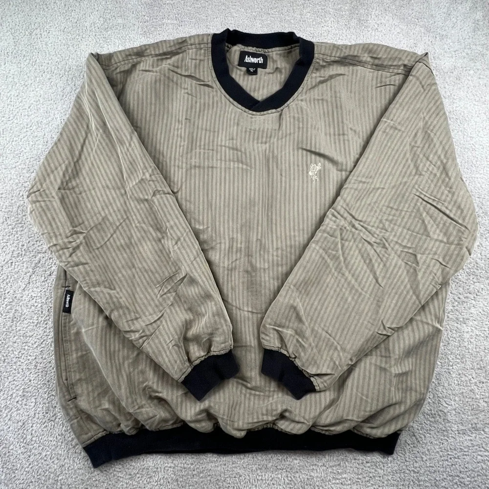 Ashworth Men's V-Neck XL Pullover Olive Herringbone Golf Windshirt Skater‎